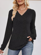 Ribbed Knit V-Neck Long Sleeve T-Shirt
