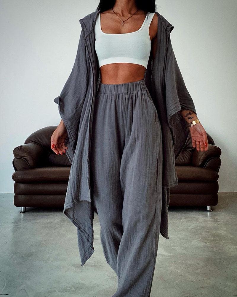 Elegant Cotton & Linen Hooded Cardigan Two-Piece Set for Women | Casual & Fashionable Spring/Autumn/Summer Apparel (Sizes S-3XL)