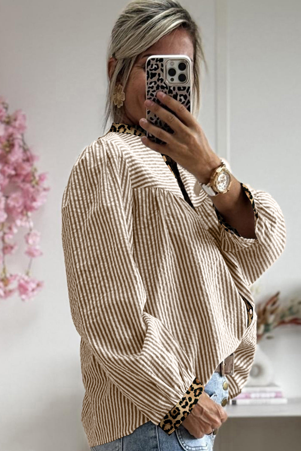 Brown Stripe Leopard Patchwork Long Sleeve Shirt