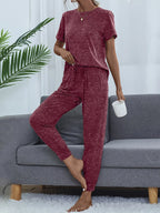 Round Neck Short Sleeve Top and Pants Lounge Set