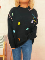 Bear Decoration Round Neck Sweater