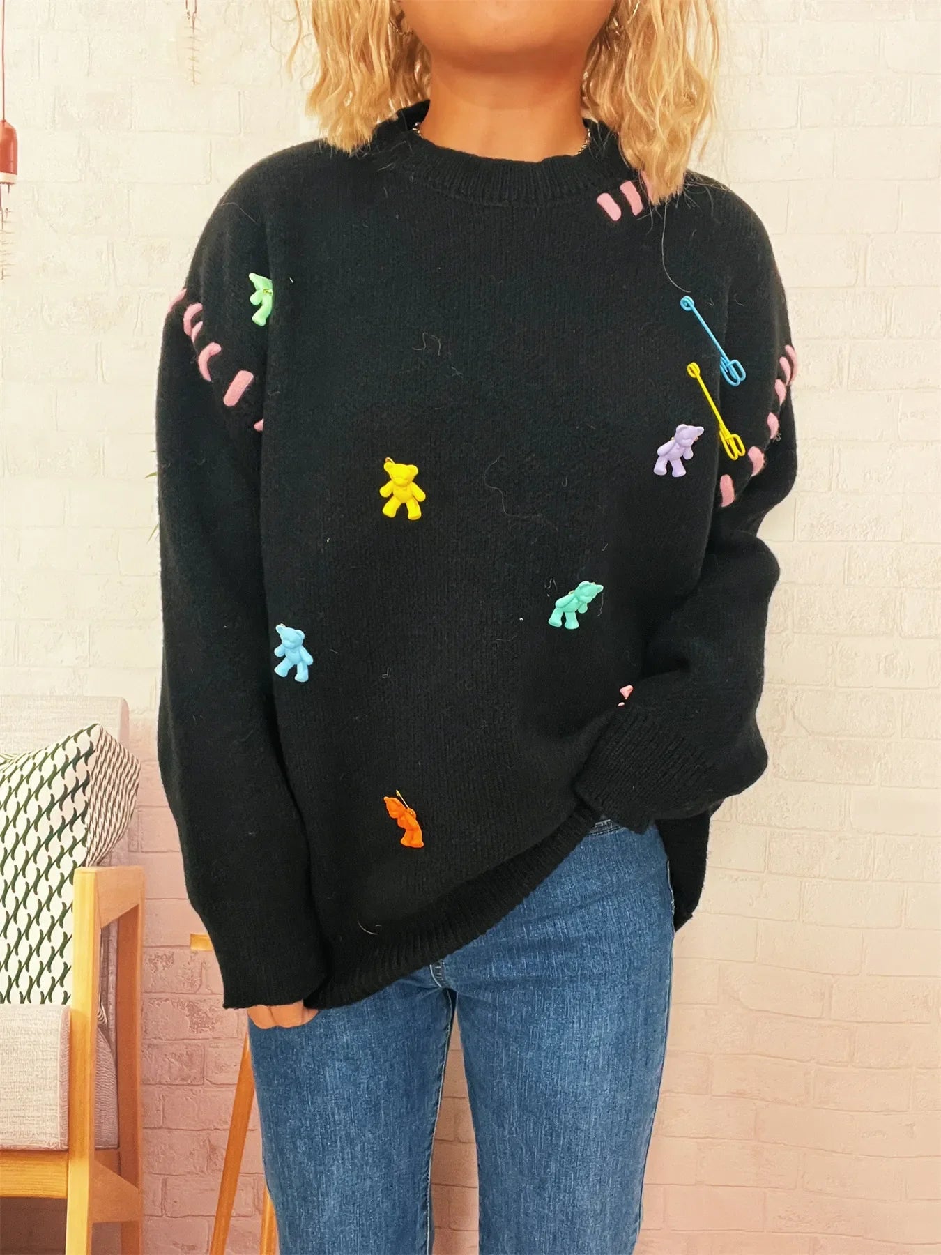 Bear Decoration Round Neck Sweater