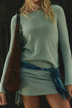 Smoke Green Raw Edge Trim Boat Neck Sweater Drawstring Side Mini Skirt 2pcs Outfit