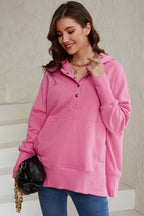 Pink Batwing Sleeve Pocketed Henley Hoodie