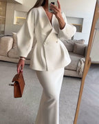 Elegant Women's V-Neck Solid Color Top and Skirt Two-Piece Set - Casual, Daily, Holiday, Going Out - Polyester