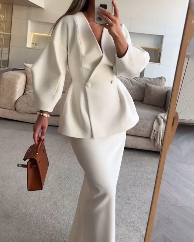 Elegant Women's V-Neck Solid Color Top and Skirt Two-Piece Set - Casual, Daily, Holiday, Going Out - Polyester