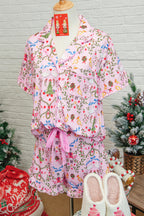 Festive Pink Nutcracker Doll Christmas Pajama Set - 2 Piece Ribbon Tie Waist Short Sleepwear for Women