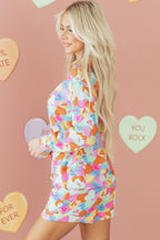 Pink Valentines Candy Heart V Neck Collared Tunic Shirt and Shorts 2pcs Pajama Set for Women