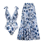 Boho Chic V-Neck Lace-Up Printed One-Piece Swimsuit with Matching Skirt - Blue & White Floral
