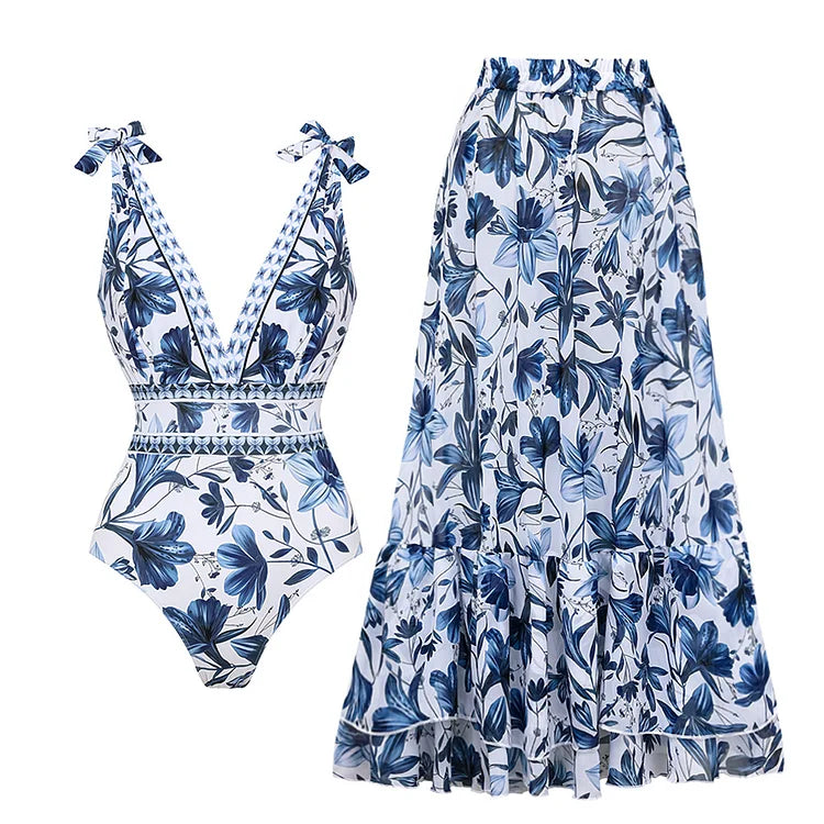 V Neck Lace-Up Printed One-Piece Swimsuit with Matching Skirt - Beachwear Set