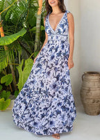 V Neck Lace-Up Printed One-Piece Swimsuit with Matching Skirt - Beachwear Set