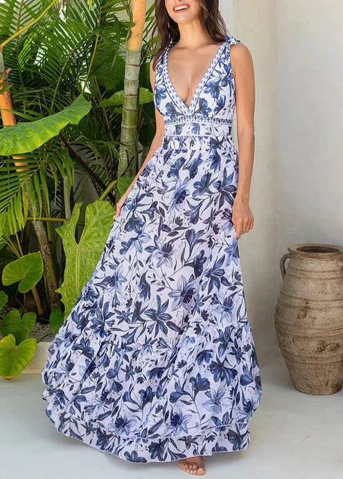 V Neck Lace-Up Printed One-Piece Swimsuit with Matching Skirt - Beachwear Set