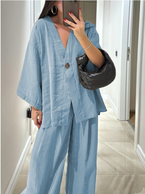 Women's Casual V-Neck Top and Matching Pants Two-Piece Set for Daily, Holiday, and Going Out