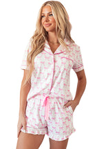 Pink Bowknot Printed Short Sleeve and Ruffled Shorts Pajama Set