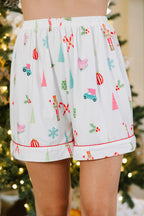 Festive White Christmas Print Short Sleeve Shirt and Shorts Pajama Set for Cozy Lounging