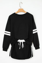 Black Varsity Stripe Detail Drop Shoulder Pullover Mini Skirt Set