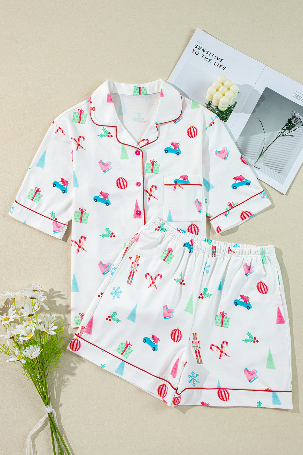 Festive White Christmas Print Short Sleeve Shirt and Shorts Pajama Set for Cozy Lounging