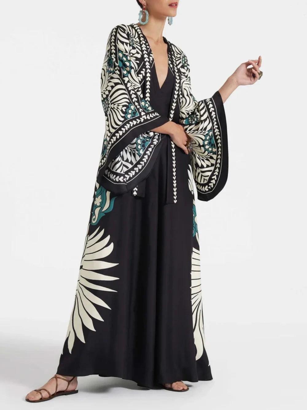 Elegance Floral Print Waterfall Sleeves Maxi Dress | Bohemian Style Long Sleeve Dress for Daily & Vacation Wear