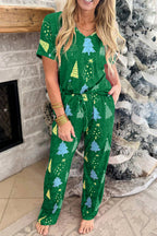 Festive Green Christmas Tree Print V-Neck Tee and Cozy Pants Lounge Set for Holidays