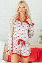 Festive White Santa & Stripes Ruffle Pajama Set for Cozy Holiday Nights