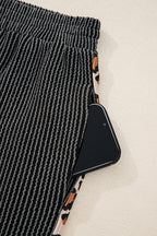 Carbon Grey Twisted Rib Texture Leopard Patchwork Detail 2pcs Pant Set