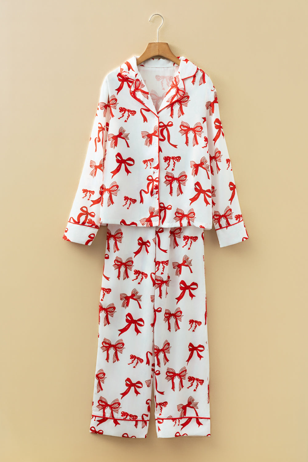 Festive Red Bow Print Long Sleeve 2-Piece Pajama Set for Christmas