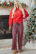 Festive Red Plaid Mama Graphic Christmas Holiday Crewneck Pullover and Pants Two-Piece Lounge Set