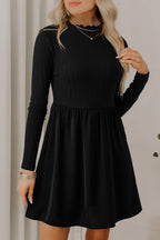 Black Frilled Neck Ribbed Knit Patchwork Long Sleeve Mini Dress