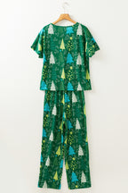 Festive Green Christmas Tree Print V-Neck Tee and Cozy Pants Lounge Set for Holidays