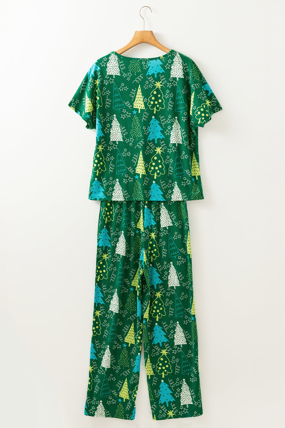 Festive Green Christmas Tree Print V-Neck Tee and Cozy Pants Lounge Set for Holidays