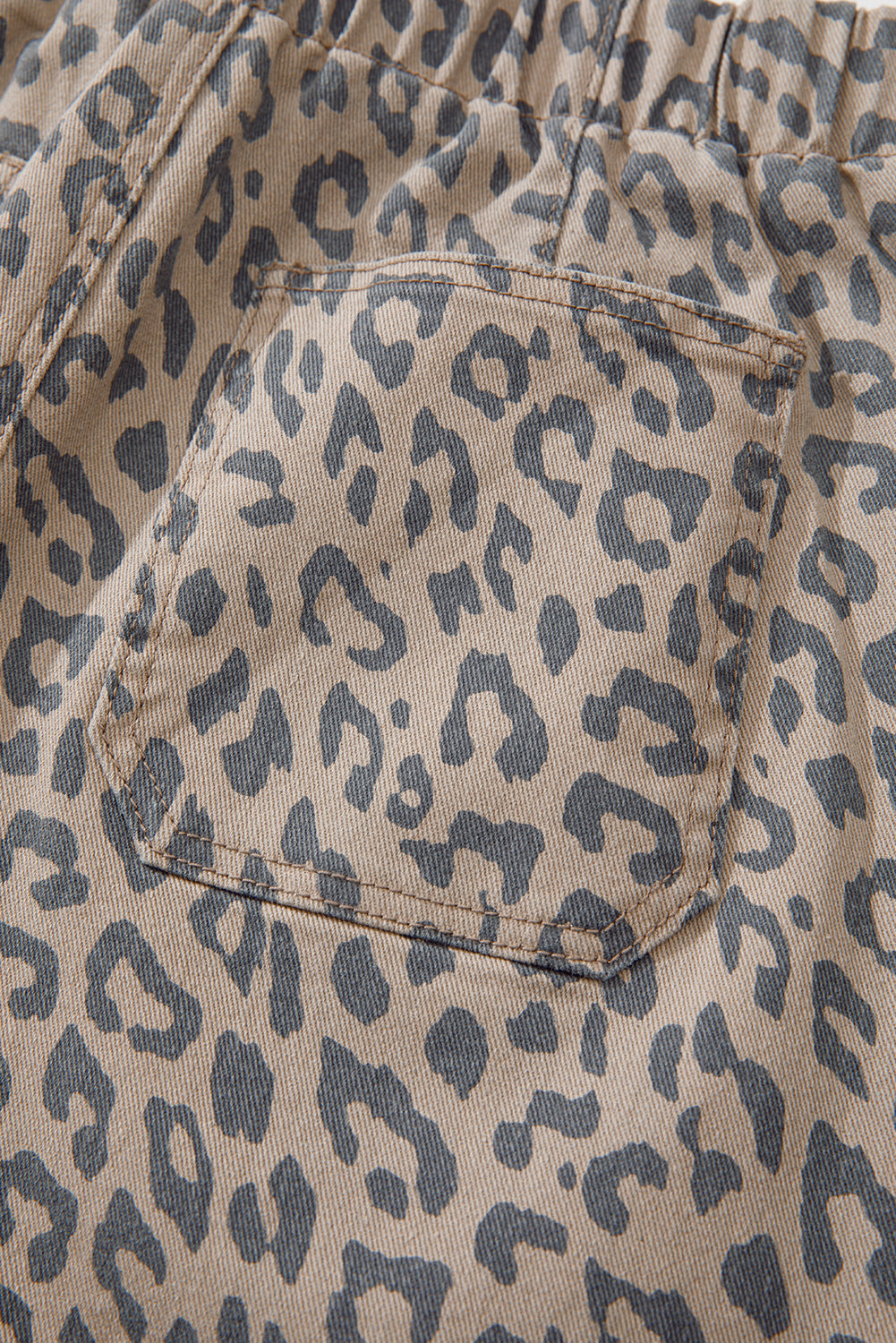 Khaki Leopard Printed Drawstring Elastic Waistband Pocketed Wide Leg Jeans