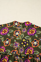 Green Floral Print Split Neck Bubble Sleeve Shift Mini Dress