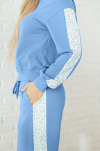 Beau Blue Floral Patchwork Drop Shoulder Pullover & Sweatpants Lounge Set - Cozy & Chic Loungewear