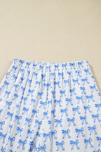 Sky Blue Bow Print Long Sleeve Shirt & Pants Pajama Set - Soft & Cozy Sleepwear for Women