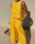 Women's Chic Solid Color Sleeveless Cotton 2-Piece Leisure Set