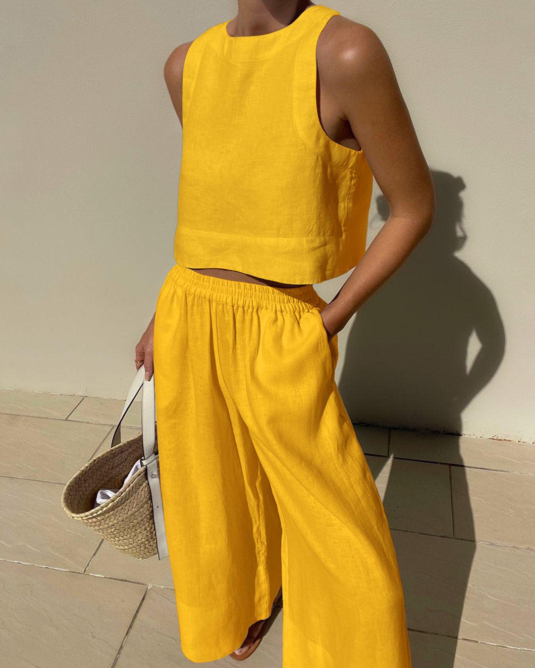 Women's Chic Solid Color Sleeveless Cotton 2-Piece Leisure Set