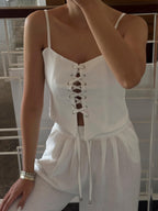 Linen Blend Camisole Two-Piece Set with Tie Front Detail - Casual & Loose Fit