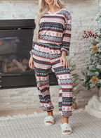 Black Retro Christmas Pattern Loose Pullover 2pcs Lounge Pant Set