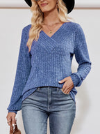 Ribbed Knit V-Neck Long Sleeve T-Shirt