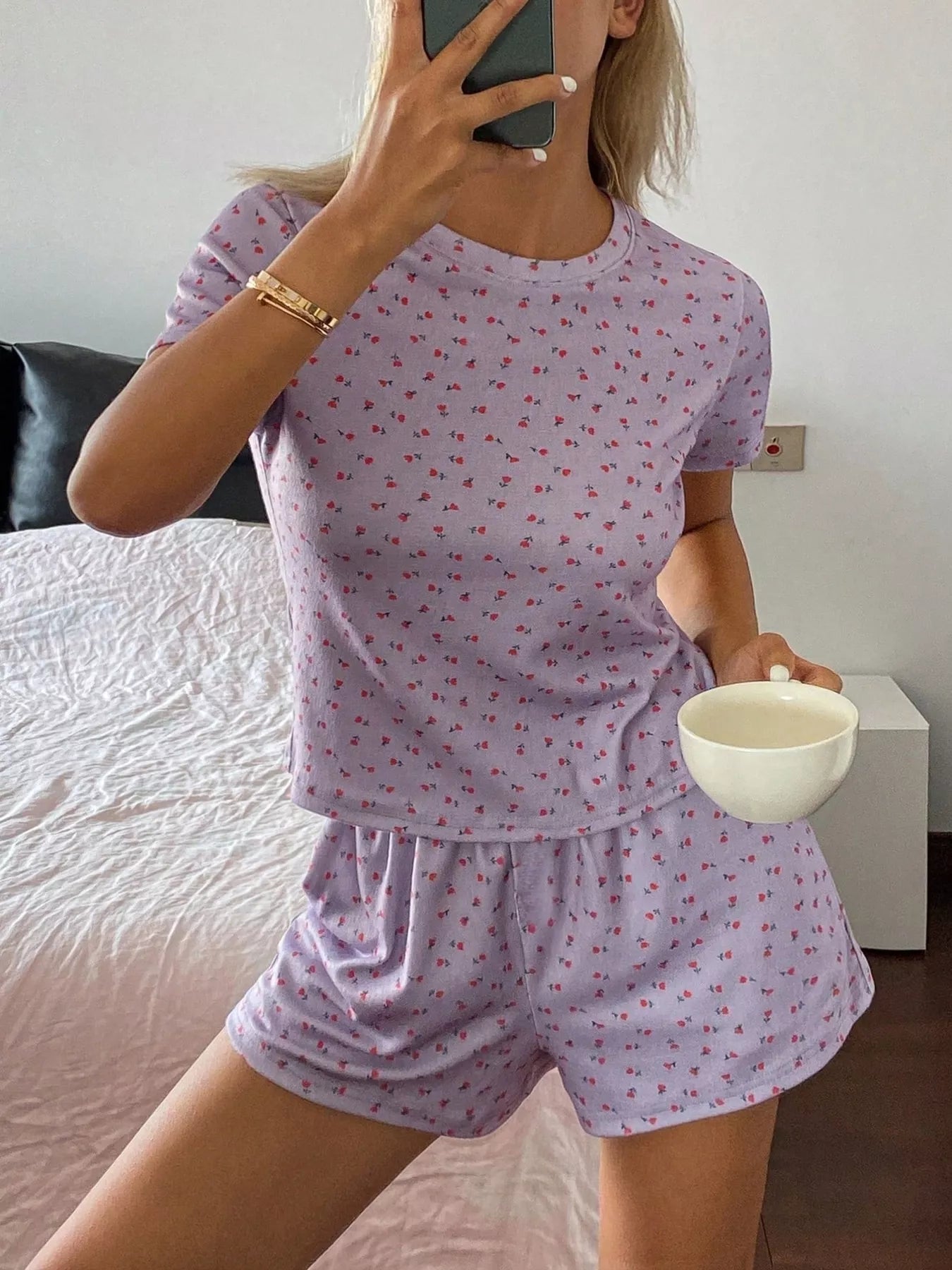 Floral Round Neck Top And Shorts Lounge Set