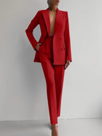 Chic Solid Color Blazer & High Waist Pants Set - Versatile Commuting & Business Attire