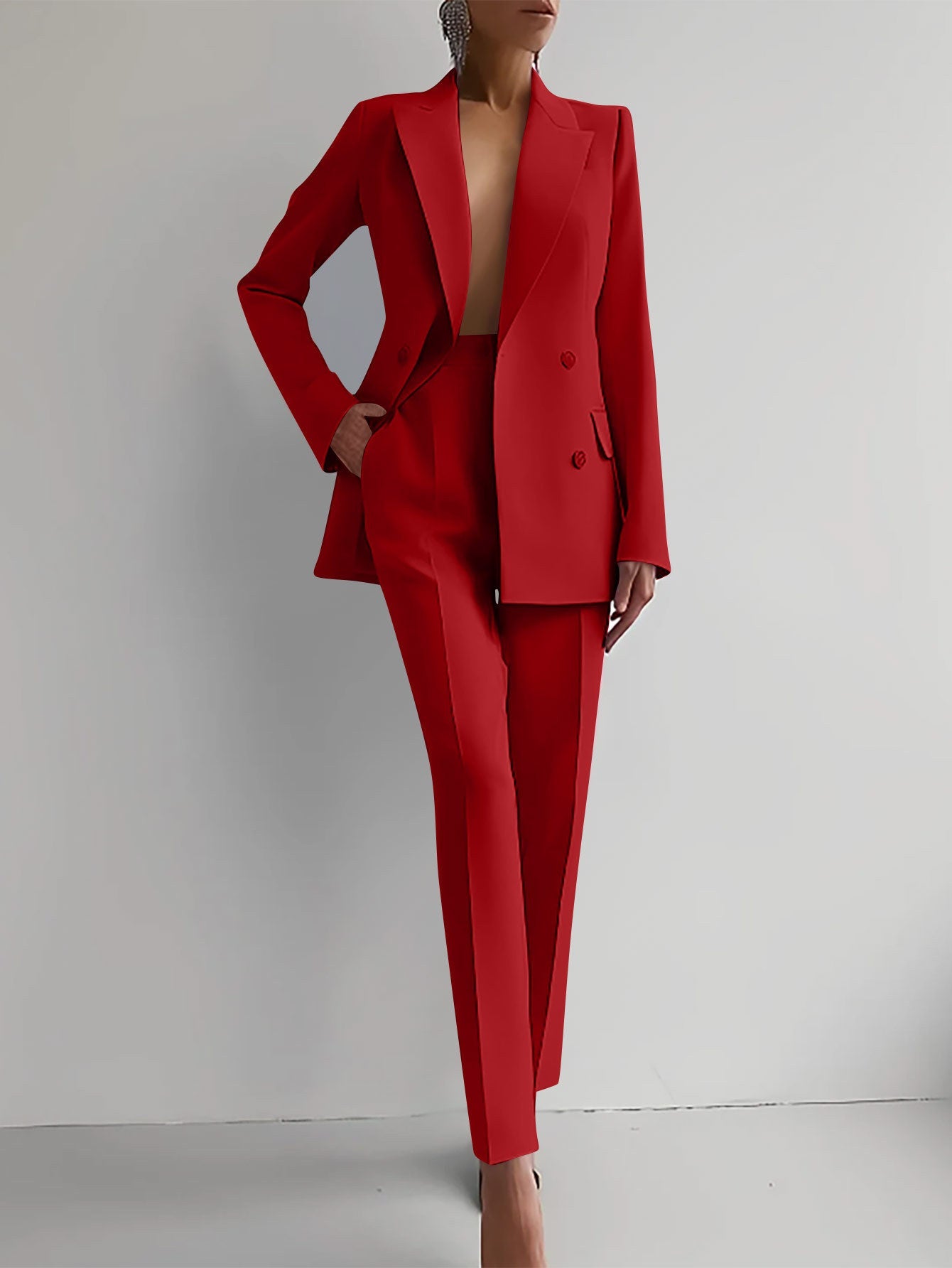 Chic Solid Color Blazer & High Waist Pants Set - Versatile Commuting & Business Attire