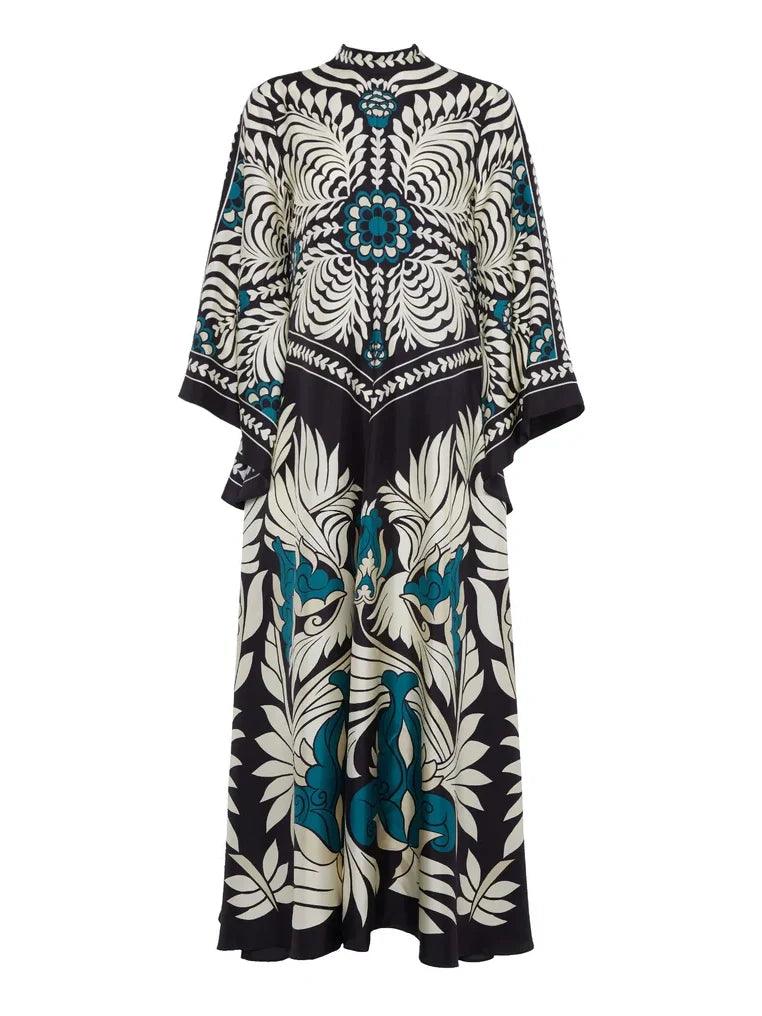 Elegance Floral Print Waterfall Sleeves Maxi Dress | Bohemian Style Long Sleeve Dress for Daily & Vacation Wear