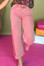Peach Blossom Acid Washed High Rise Cropped Wide Leg Jeans