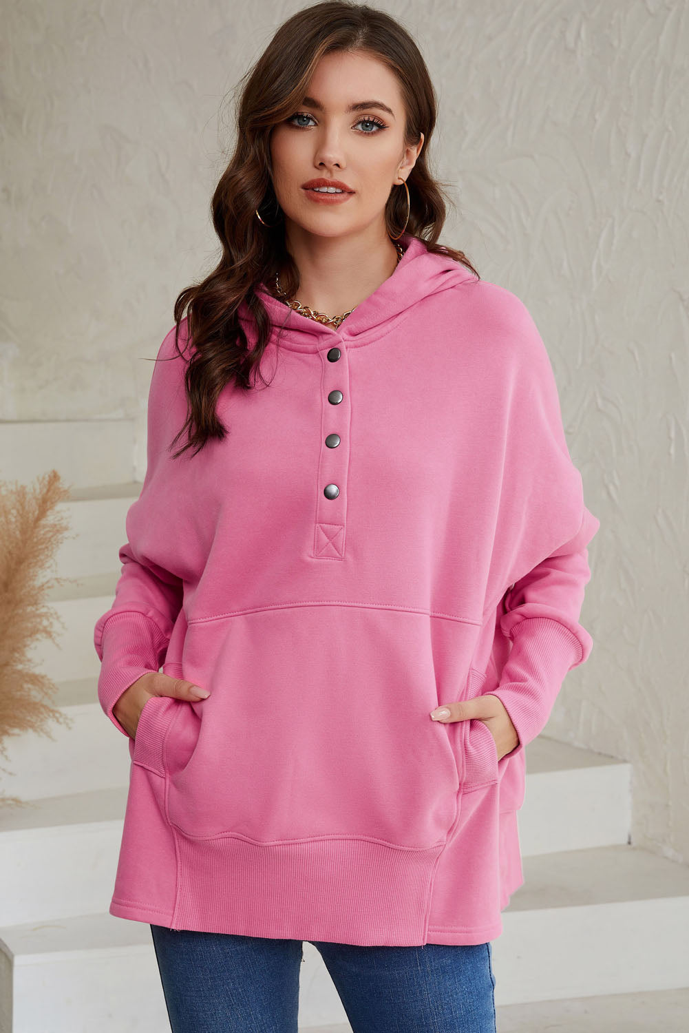 Pink Batwing Sleeve Pocketed Henley Hoodie