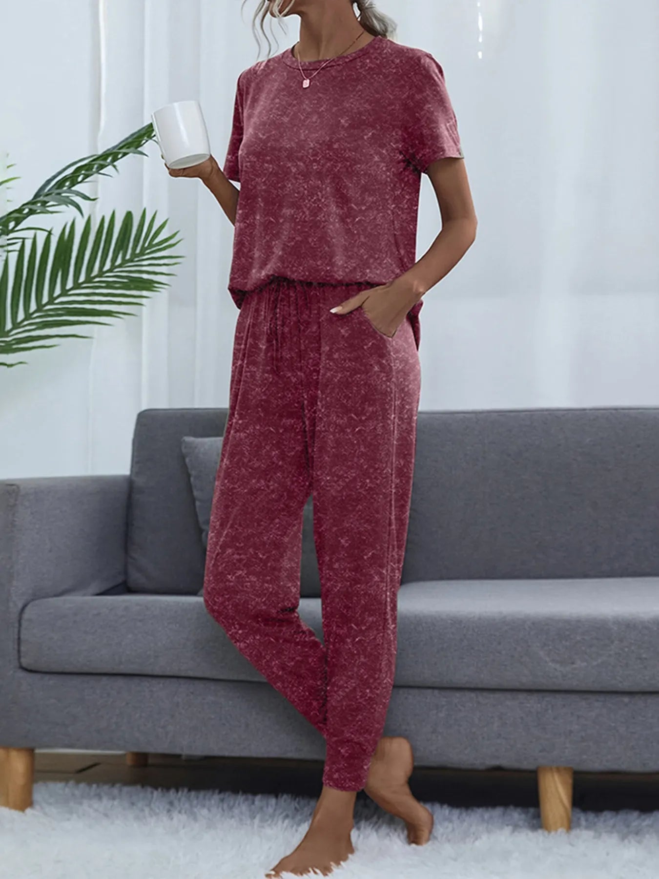 Round Neck Short Sleeve Top and Pants Lounge Set