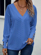 Eyelet V-Neck Long Sleeve T-Shirt