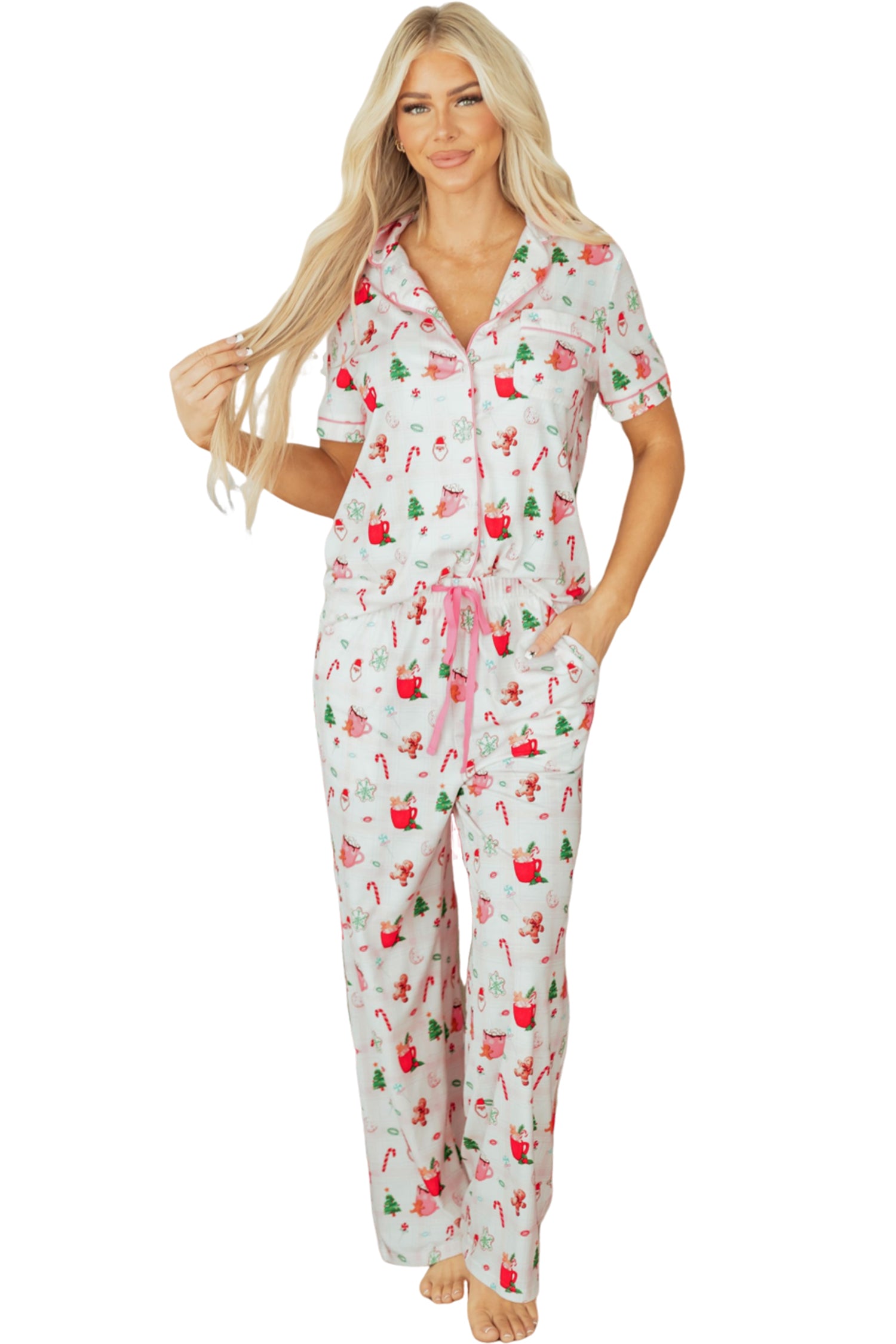 Cozy Pink Christmas Spirit Holiday Print Short Sleeve Pajama Set - 2-Piece Sleepwear