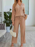 Ribbed Knit Top and Pants Lounge Set with Button Detail