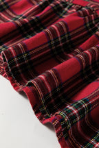 Red Plaid Shirt Collar Half Button Ruffle Hem Long Sleeve Mini Dress